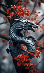 a black dragon statue sits on top of a tree branch