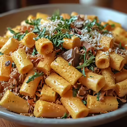 a pasta dish with cheese, mushrooms, and other ingredients