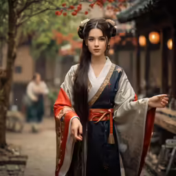 young woman in chinese dress with her hands outstretched