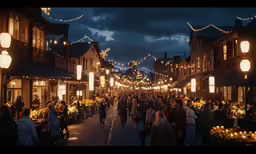 an illuminated street filled with people and lights
