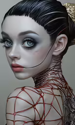 an altered photograph of a woman with wires on her neck