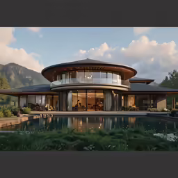 there is a very unusual house with a pool