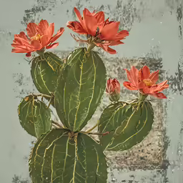 two red flowers sit on the top of a green plant