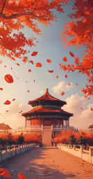 trees with leaves fall from the sky over an asian building