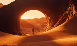 a man walks inside a large, intricate structure in the desert