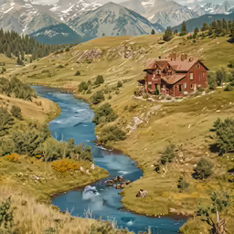 a red house with a river running down it
