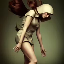 a woman with long hair wearing a beige dress