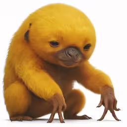 a very small yellow monkey that is staring at the camera