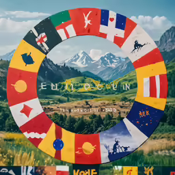 a poster on the side of a building with many things in it