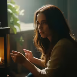 a young woman sitting down in front of a fireplace