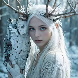 the girl in the white dress holds a large owl branch