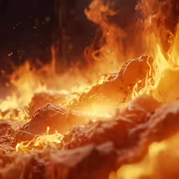 a fire is blazing in a pizza sitting on a table