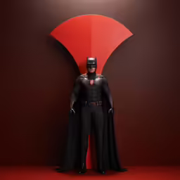 a man dressed as batman in front of red and black wall
