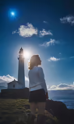 the woman is standing outside next to a lighthouse