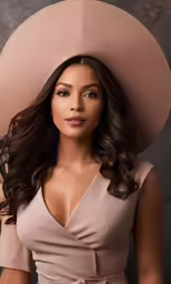 a woman with a brown hat posing for a picture