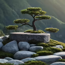 a bonsai tree sits upon a rock wall with some grass