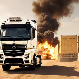 a large truck is in front of a trailer with the truck engulfed,a large truck driving down a road near a dump truck