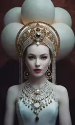 a woman with a headdress on her head standing in front of several white balls