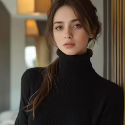 woman posing in black sweater by the wall