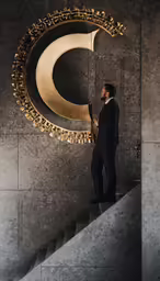 a man is standing at the top of some stairs looking at the design