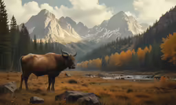 the cow is in a field near mountains