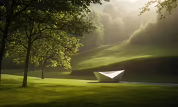 large white sculpture in front of trees and grass