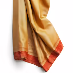 a tan and red striped saree hanging on the wall