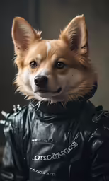 a brown dog wearing a leather jacket and looking into the camera