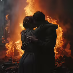 a man and woman embrace as they stare at something on fire