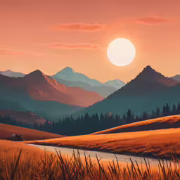 there are mountains with trees and yellow grass,an abstract painting of the sunset on a grassy valley