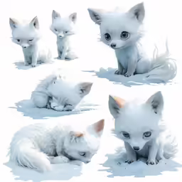 a group of white baby foxes laying on a snow covered ground