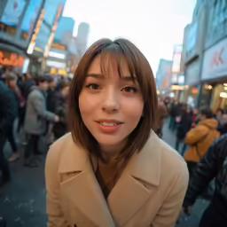 woman in trench coat at crowded shopping area