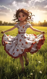 a cute little girl with big hair wearing a dress and holding her hand out