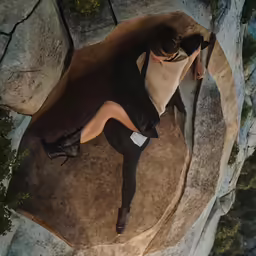 the woman is climbing up on the rocks outside
