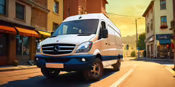 a blue van parked in front of a yellow van,a white bus moving down a small street