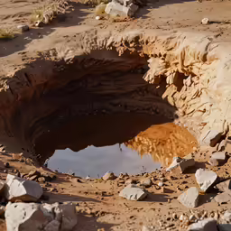 large puddle with water in between rocks and earth