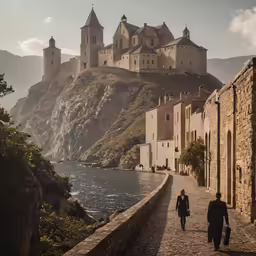 two people walking down a cobblestone road past an ancient castle