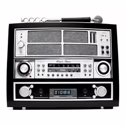 old radio with receiver and remote controls on white background