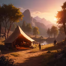 an image of the wilderness at sunset in the video game far cry,a group of people in a field with tent and water