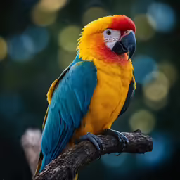 a bird with blue, yellow and red feathers sitting on a branch