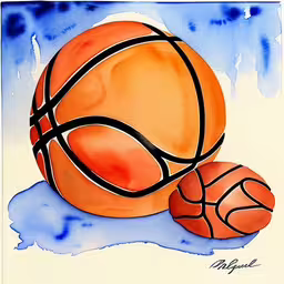 a painting of an orange and black ball and basketball,a painting of a basketball and ball on the ground