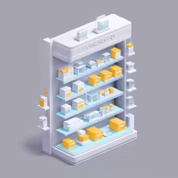 a shelf with boxes and a remote in it