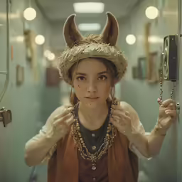 a person wearing an animal hat and a necklace