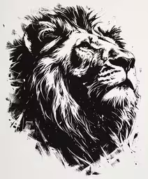 black and white art on a wall with a lion