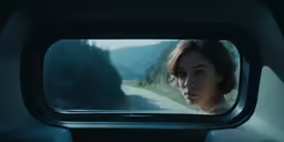 the woman is looking out of the vehicle window