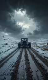 a tractor is driving on the road as it passes through some snow