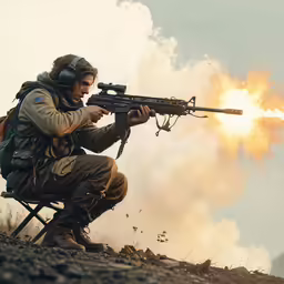 a man shooting a rifle from the ground