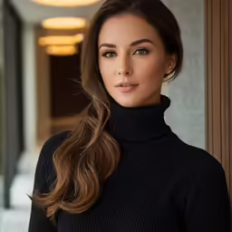 a close up of a young woman wearing a black turtleneck sweater