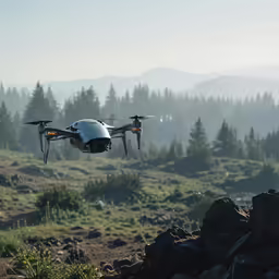 a white unmanned flying over a rocky terrain