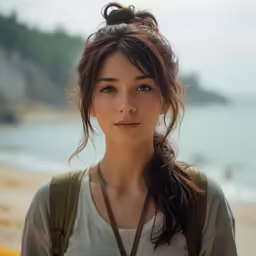 a woman wearing a brown bag standing by the water